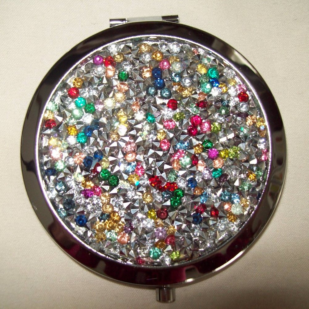 Multicolor Rhinestone Encrusted Daily Affirmation Double Mirror Compact New
